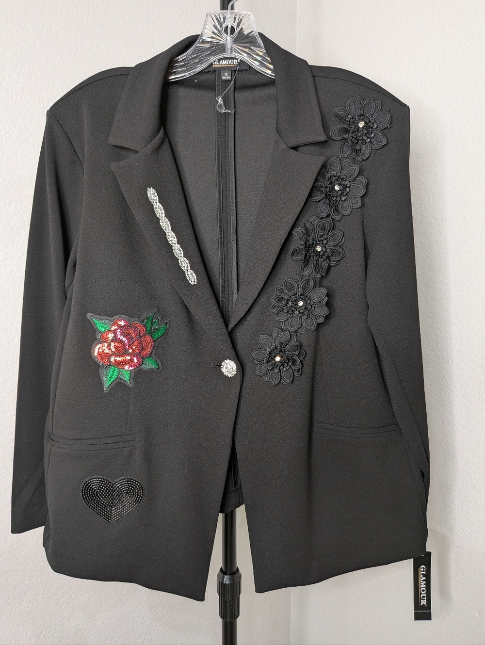 Glamour Black Embellished Floral Blazer